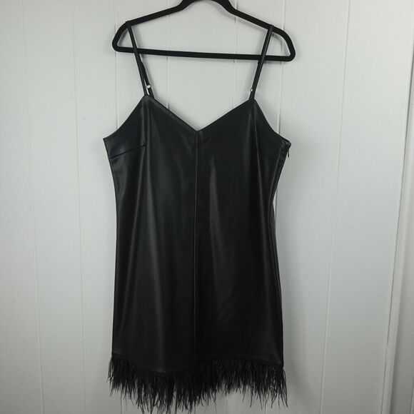 Lamarque Womens Mollie Faux Leather Feather Trim Sleeveless Slip Dress Large - Picture 1 of 9